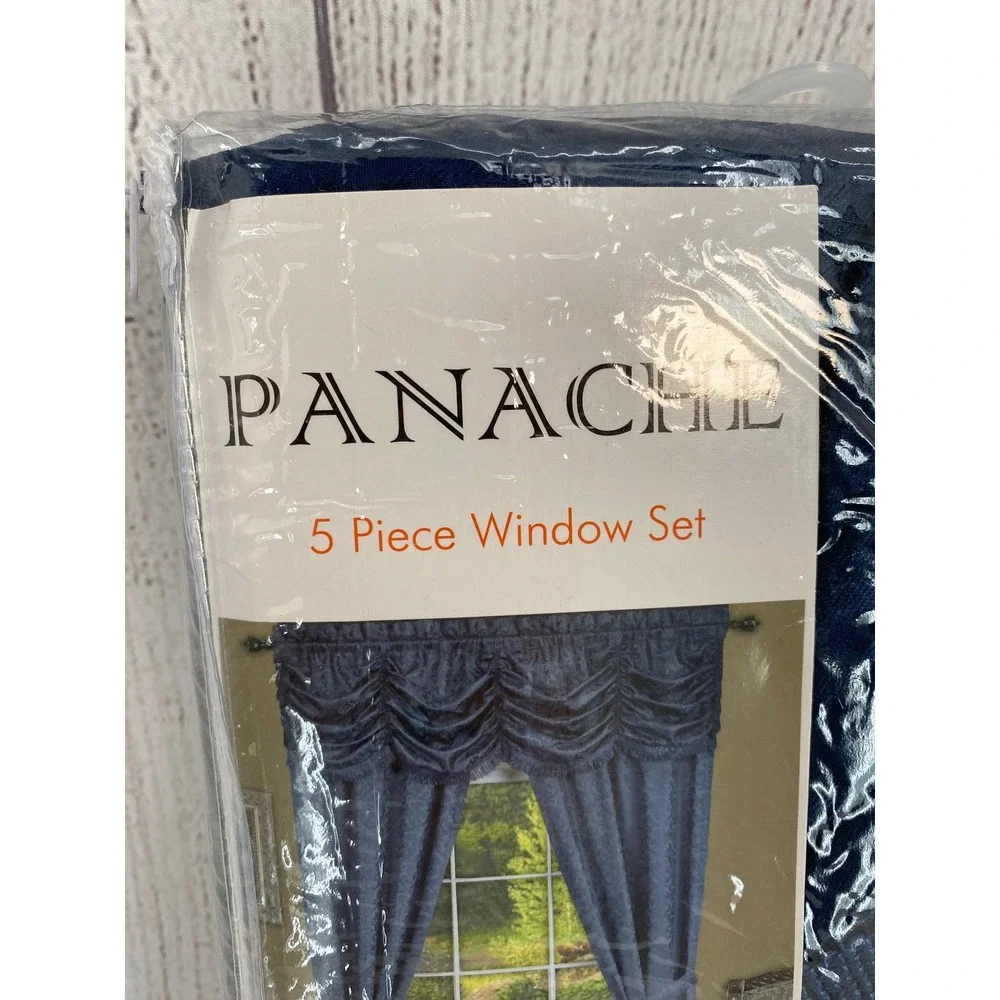 Panache 5 Piece Window Set Navy Blue 55x84 New Jacquard Austrian Valance Fringe